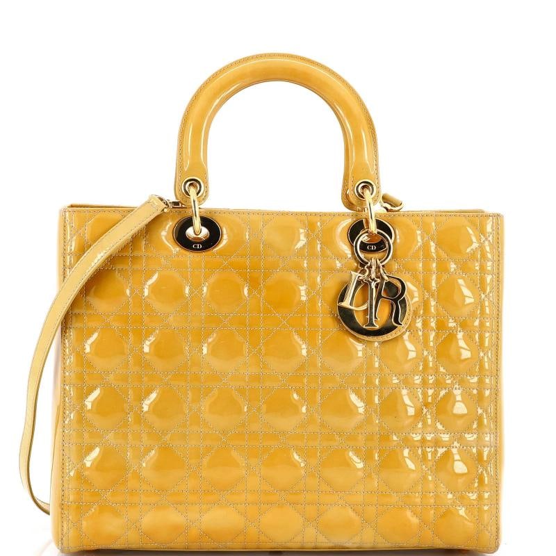 Christian Dior Vintage Lady Dior Bag Cannage Quilt Patent Large: Condition: Pre-owned - Good,Brand: Christian Dior,Exterior Material: Patent Leather,Style: Top Handle,Exterior Color: Neutral,Department: Women,Size: Large,Accessories: Dust Bag, With Strap