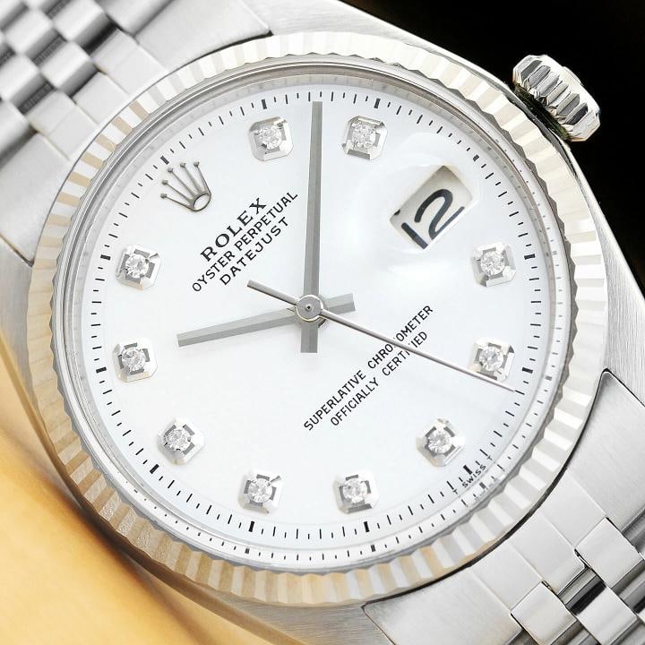 MENS ROLEX DATEJUST WHITE DIAMOND 18K WHITE GOLD BEZEL STAINLESS STEEL WATCH: Condition: Pre-owned - Excellent,Bezel Color: Silver,Max Wrist Size: 7.26-7.5 in,Number of Jewels: 26 Jewels,Indices: Diamond Hour Marks, 12-Hour Dial, Multiple Hands,Bezel: Rolex 18K White Gold Flute