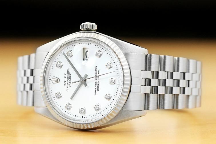 MENS ROLEX DATEJUST WHITE DIAMOND 18K WHITE GOLD BEZEL STAINLESS STEEL WATCH - 2