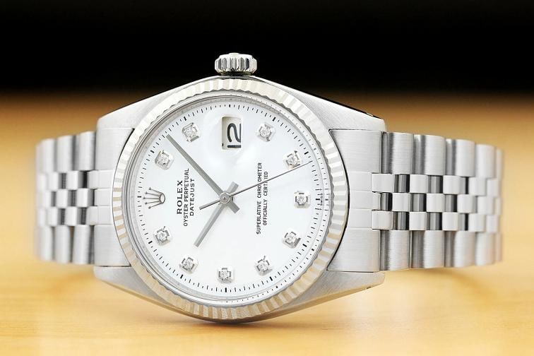 MENS ROLEX DATEJUST WHITE DIAMOND 18K WHITE GOLD BEZEL STAINLESS STEEL WATCH - 3