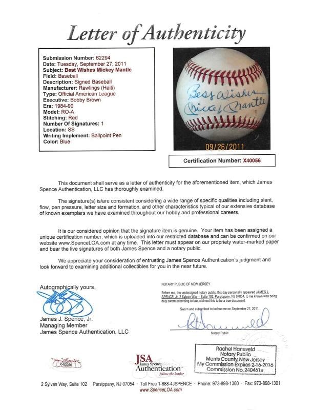 Yankees Mickey Mantle "Best Wishes" Authentic Signed Oal Baseball JSA #X40056 - 7