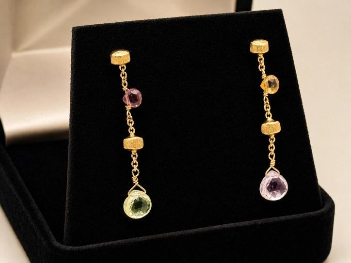 Marco Bicego Paradise Multi-Gemstone Single Strand Earrings 18k Yellow Gold: Condition: Pre-owned - Excellent,Main Stone Creation: Natural,Occasion: Birthday, Mother's Day,Signed: Yes,Color: Yellow,Main Stone Color: Multicolor,Material: Gemstone,Metal: Yellow Gold,Gender: