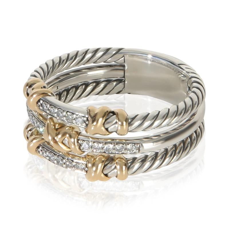 David Yurman Yellow Gold & Sterling Silver Diamond Petite Helena 3 Row Ring - 2