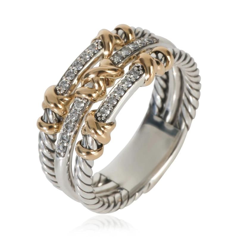 David Yurman Yellow Gold & Sterling Silver Diamond Petite Helena 3 Row Ring - 4