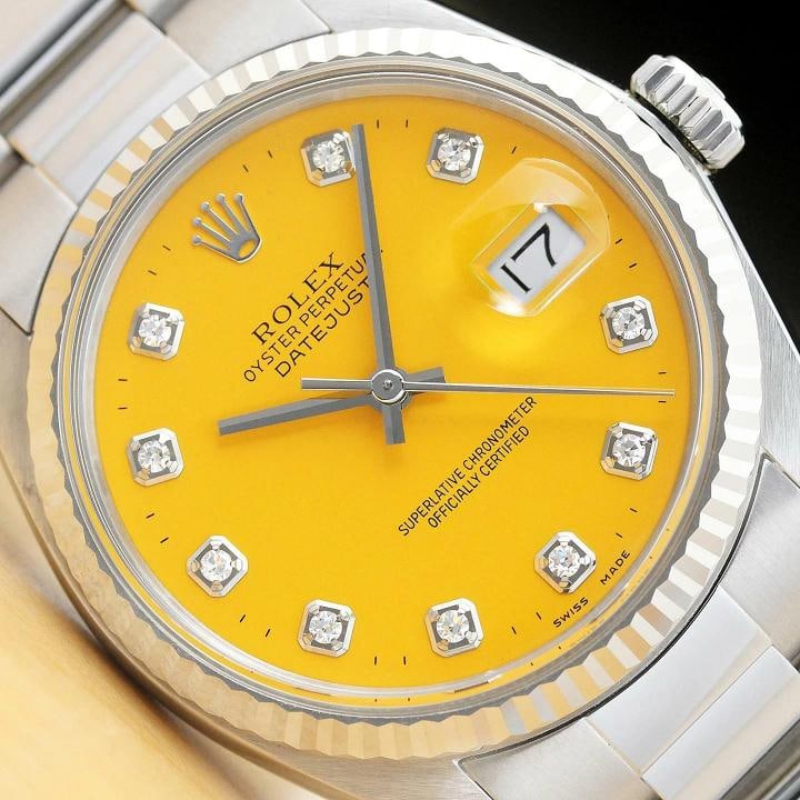 MENS ROLEX DATEJUST YELLOW DIAL 18K WHITE GOLD SS DIAMOND WATCH w/OYSTER BAND: Condition: Pre-owned - Excellent,Bezel Color: Silver,Max Wrist Size: 7.26-7.5 in,Number of Jewels: 27 Jewels,Indices: Diamond Markers, 12-Hour Dial,Bezel: Rolex 18K White Gold Fluted Bezel,Band/Strap:
