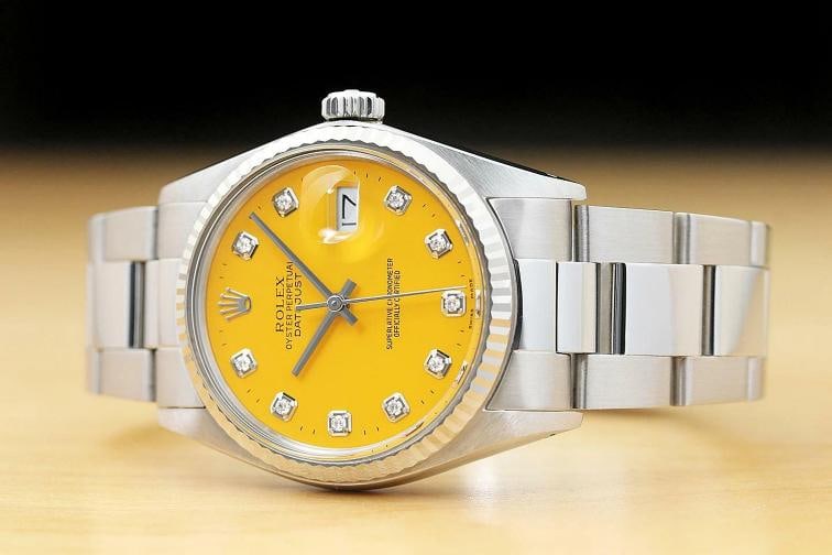 MENS ROLEX DATEJUST YELLOW DIAL 18K WHITE GOLD SS DIAMOND WATCH w/OYSTER BAND - 2