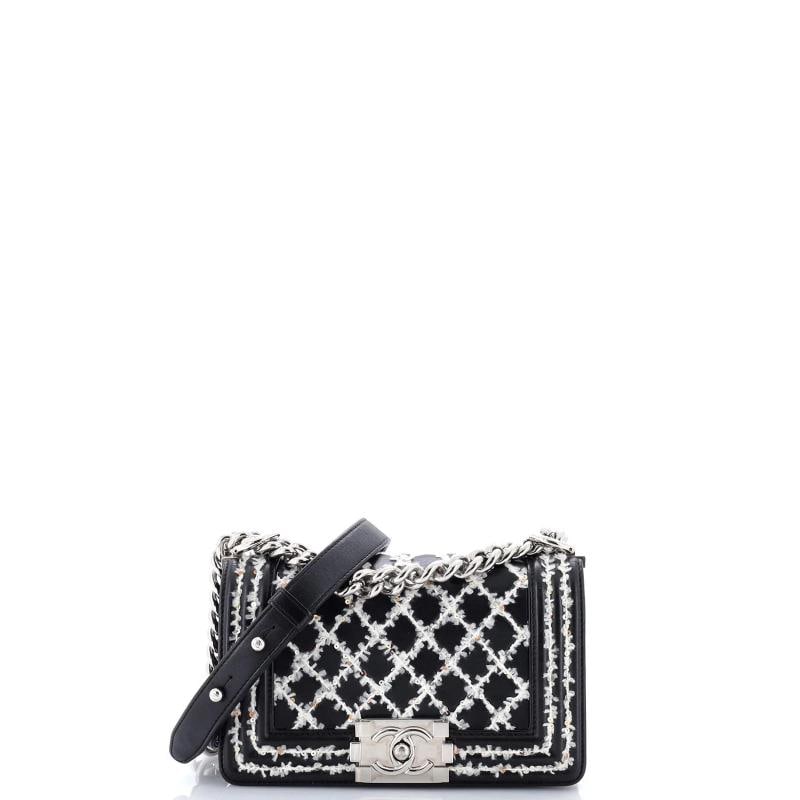 Chanel Boy Flap Bag Lambskin with Quilted Tweed and Sequins Small: Condition: Pre-owned - Good,Brand: Chanel,Exterior Material: Leather,Style: Cross Body Bags,Exterior Color: Black,Department: Women,Size: Small Estimated Retail Price: $4,600 Condition: Very good. Ext