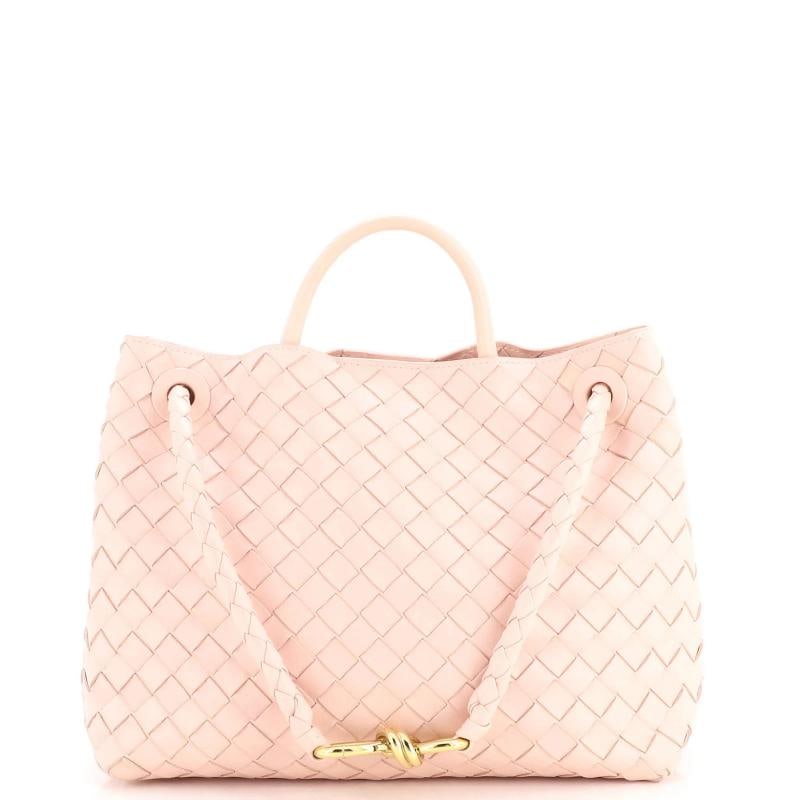 Bottega Veneta Andiamo Top Handle Bag Intrecciato Nappa Medium: Measurements: Height 10", Width 11", Depth 6" .Condition: Pre-owned - Excellent,Brand: Bottega Veneta,Exterior Material: Leather,Style: Top Handle,Exterior Color: Pink,Department: Women,Size: Medium