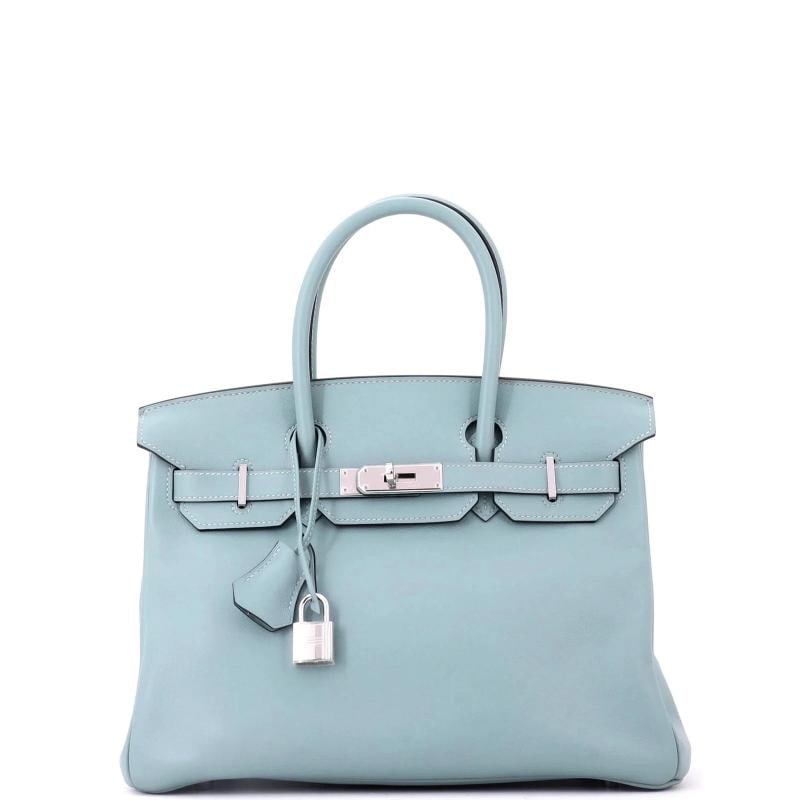 Hermes Birkin Handbag Blue Swift with Palladium Hardware 30: Accessories: Box, Dust Bag, Lock, Keys, Clochette Measurements: Height 9", Width 11.5", Depth 6". Condition: Pre-owned - Excellent,Brand: Hermes,Exterior Material: Leather,Style: Totes,Exterior Color: