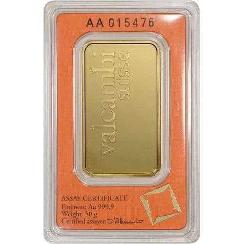 50 gram Gold Bar - Valcambi Suisse - 999.9 Fine in Sealed Assay - 2