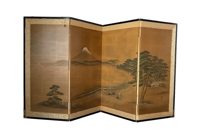 Antique Japanese 4 Panel Folding Screen Painted~Signed~(66Ã¢â‚¬Â? x 3: Color: Multicolor,Region of Origin: Japan,Country of Origin: United States