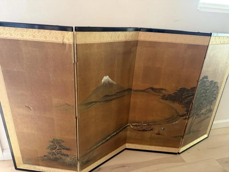 Antique Japanese 4 Panel Folding Screen Painted~Signed~(66Ã¢â‚¬Â? x 3 - 3