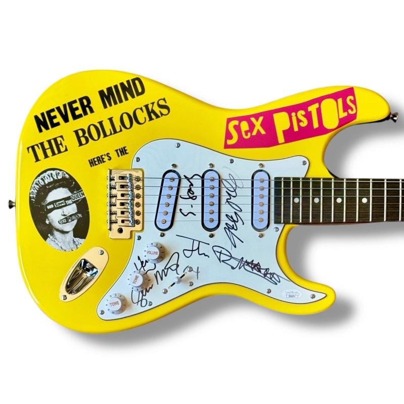 SEX PISTOLS:John Lydon, Steve Jones, Glen Matlock & Paul Cook Signed Custom Guitar (JSA): Industry: Music,Signed: Yes,Autograph Authentication: James Spence (JSA),Object Type: Guitar & Guitar Pick,Original/Reproduction: Original,Country of Origin: United States