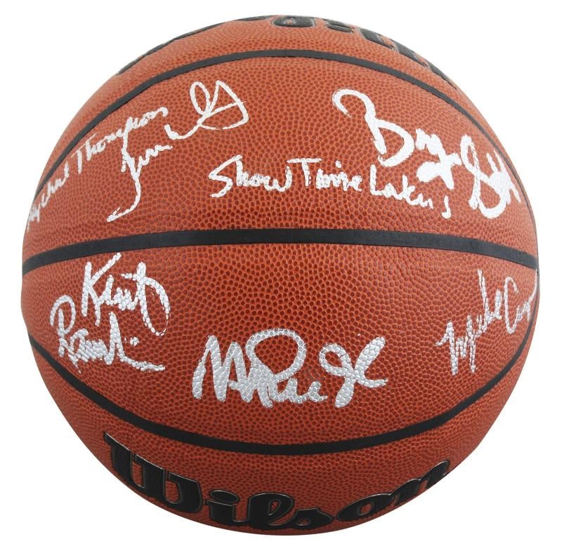 Showtime Lakers (6) Johnson, Thompson, Worthy +3 Signed Basketball W/ Case BAS W - 3
