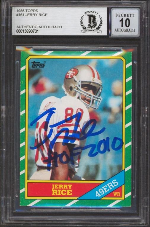 49ers Jerry Rice "HOF 2010" Signed 1986 Topps #161 RC Card Auto 10 BAS Slabbed: Sport: Football,Product: Box, Box & Case Breaks, Case, Coin, etopps (In-hand), Lot, Pack,,Original/Reprint: Original,Player: Jerry Rice,Autograph Authentication: Beckett,Team: San Francisco