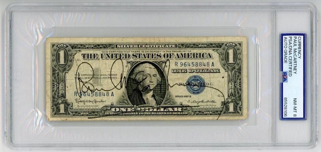 Paul McCartney Signed 1957 Blue Seal Silver Certificate $1 Bill PSA/DNA NM-MT 8 (1 of 3)