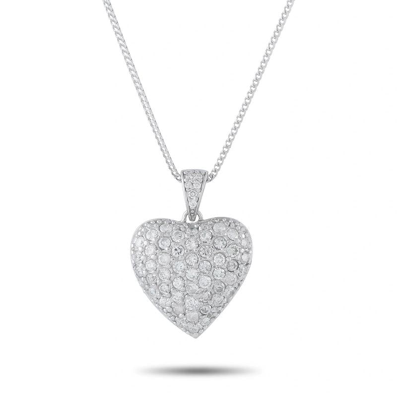 14K White Gold 2.70ct Diamond Pave Heart Pendant Necklace: Weighing 19.3 grams, measuring 18 inches in length with a pendant measuring approximately 1.35 1 inches.. Condition: Pre-owned - Good: This item has been gently used but is in good condition. It