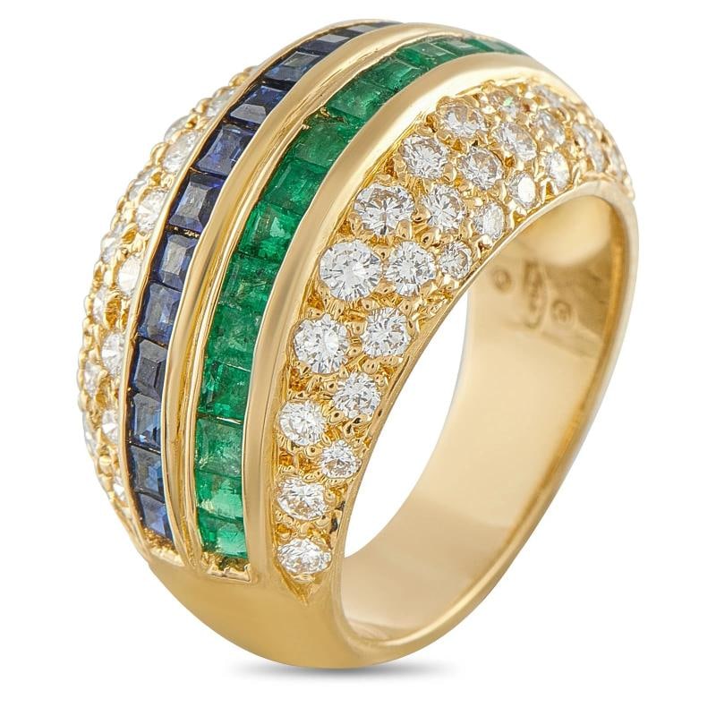 18K Yellow Gold 1.51ct Diamond, Emerald, and Sapphire Ring - 2