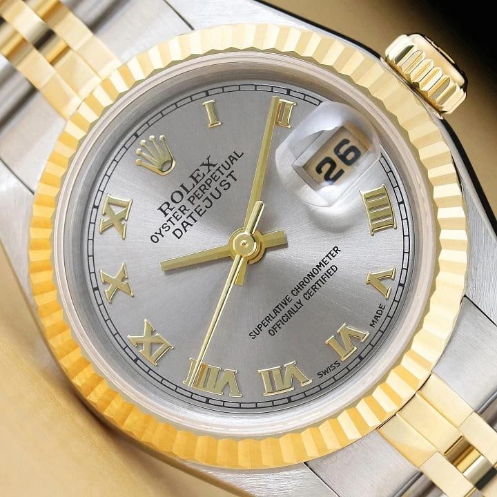 ROLEX LADIES DATEJUST 79173 GRAY ROMAN DIAL 18K YELLOW GOLD STEEL 2-TONE WATCH: Condition: Pre-owned - Excellent,Bezel Color: Gold,Max Wrist Size: 6.26-6.75 in,Number of Jewels: 31 Jewels,Indices: Roman Numerals, 12-Hour Dial,Band: Rolex Two Tone Jubilee Bracelet,Bezel: Rolex