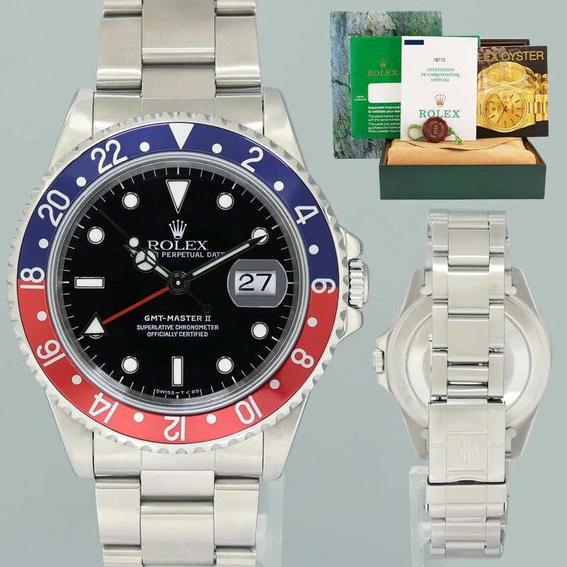 MINT 1998 PAPERS Rolex GMT-Master II Pepsi Blue Red Steel 16710 Black Watch Box: Case & Dial Case Material: Rolex Stainless Steel Case Size: 40mm Bezel: Rolex Red and Blue Pepsi Crystal: Rolex Sapphire Dial: Rolex Black Movement & Bracelet Movement: Rolex Automatic Bracelet