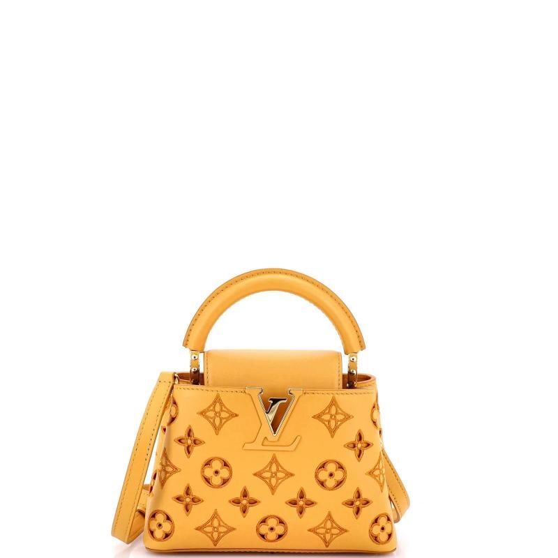 Louis Vuitton Capucines Bag Monogram Cutout Broderie Leather Mini: Condition: Pre-owned - Excellent,Brand: Louis Vuitton,Exterior Material: Leather,Style: Shoulder Bags,Exterior Color: Orange,Department: Women,Size: Mini,Accessories: Dust Bag, With Strap Condition: