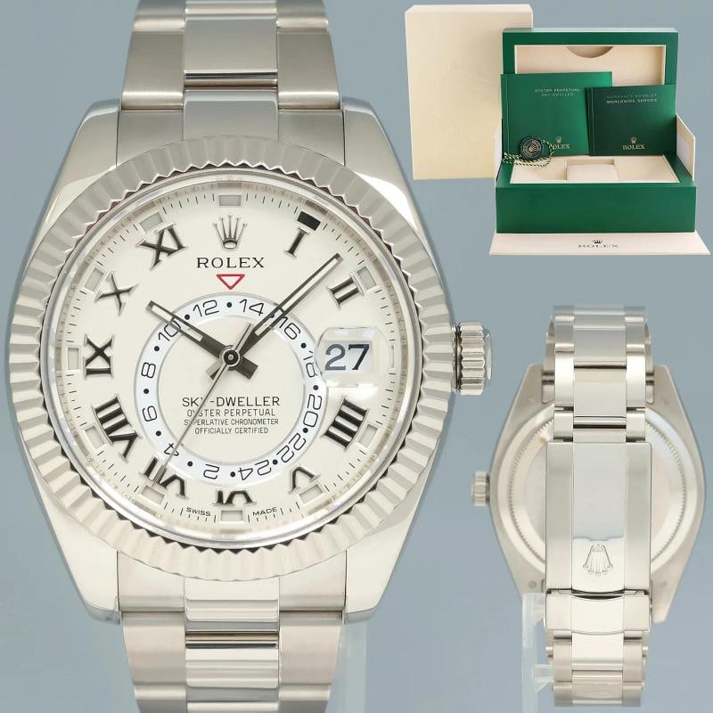 MINT Rolex Sky-Dweller White Gold Bracelet 42mm White Dial 326939 Watch Box: Case & Dial Case Material: Rolex White Gold Case Size: 42mm Bezel: Rolex White Gold Fluted Crystal: Rolex Sapphire Dial: Rolex Roman Movement & Bracelet Movement: Rolex Automatic Bracelet Design: