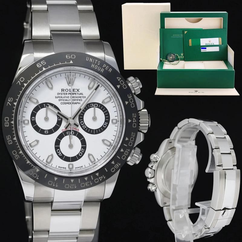 2020 MINT PAPERS Rolex 116500LN Daytona White Ceramic Panda Chrono 40mm Steel: Case & Dial Case Material: Rolex Stainless Steel Case Size: 40mm Bezel: Rolex Black Ceramic Crystal: Rolex Sapphire Dial: Rolex White Panda Movement & Bracelet Movement: Rolex Automatic Bracelet