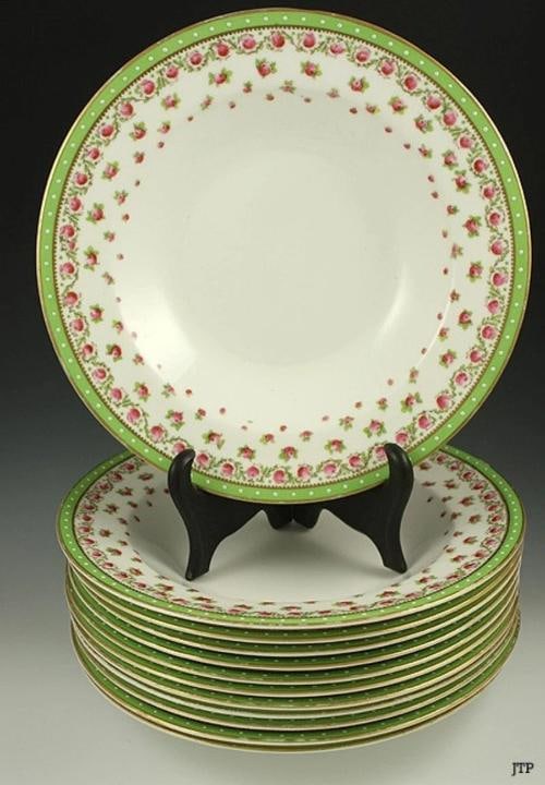 12 Vintage English George Jones Jeweled Porcelain Floral Soup Bowls: Condition: Used: An item that has been used previously. The item may have some signs of cosmetic wear, but is fully operational and functions as intended. This item may be a floor model or store