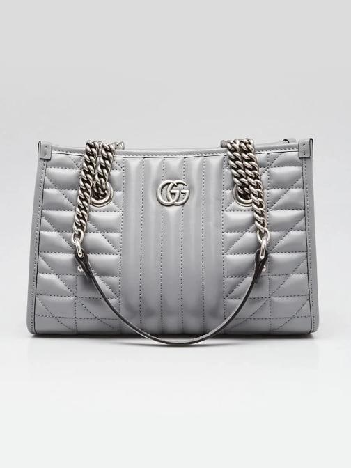 Gucci Grey Quilted Leather Marmont Aria Tote Bag: Condition: Pre-owned - Good,Brand: Gucci,Exterior Material: Leather,Style: Everyday Bags,Totes,Exterior Color: Grey,Department: Women,Country of Origin: Italy Description This gorgeous Gucci Chevron Q