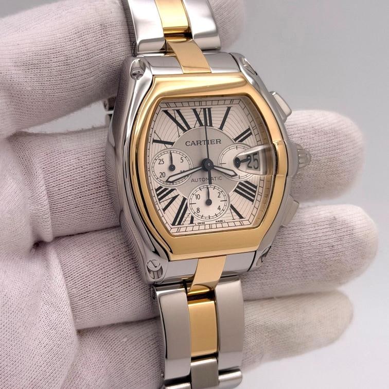 Cartier Roadster Chronograph XL 2618 W62027Z1 43mm Silver Dial 18K Gold Steel - 2