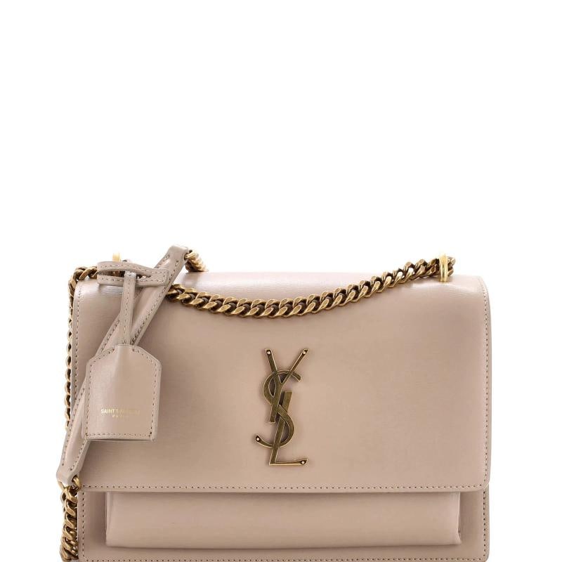 Saint Laurent Sunset Crossbody Bag Leather Medium: Condition: Pre-owned - Good,Brand: Saint Laurent,Exterior Material: Leather,Style: Cross Body Bags,Exterior Color: Neutral,Department: Women,Size: Medium,Accessories: Clochette Condition: Good. Exteri