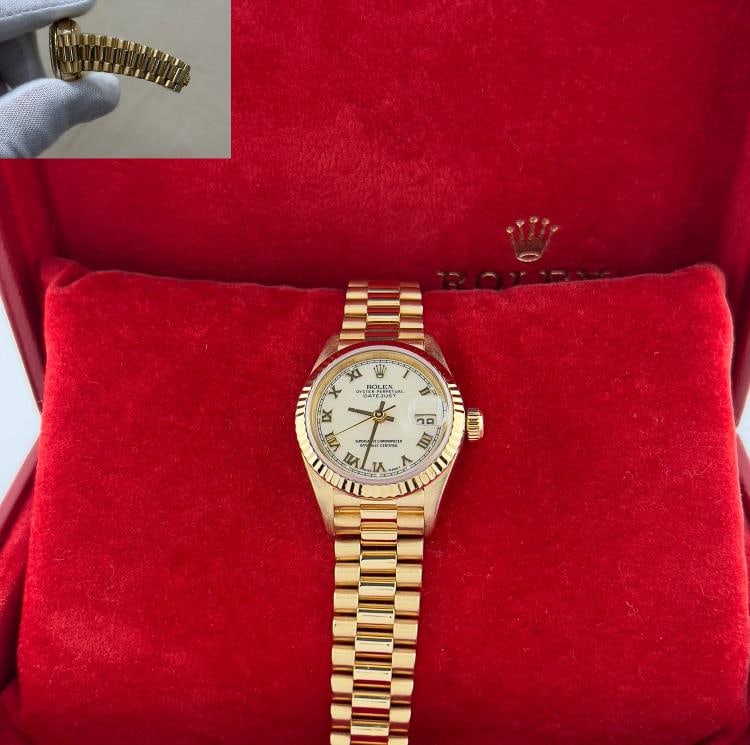 Rolex Ladies President Datejust 79178 Cream Dial 18K Yellow Gold: Condition: Pre-owned - Good,Bezel Color: Gold, Yellow,Indices: Roman Numerals,Year Manufactured: 1990-1999,Band/Strap: Rolex President,Case Color: Gold, Yellow,Department: Women,Caseback: Solid,Watch