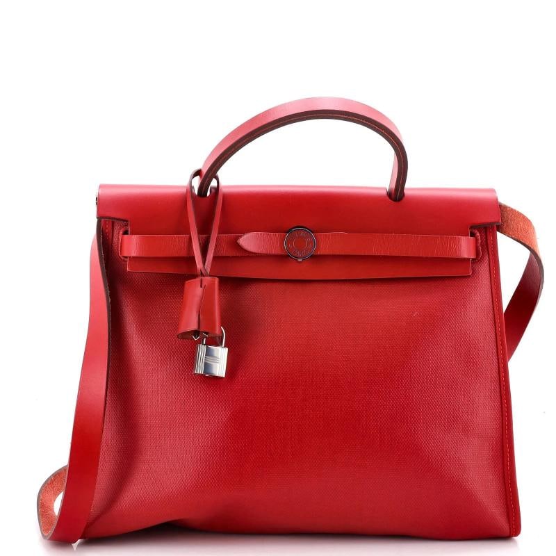 Hermes Herbag Zip Berline Vache Canvas and Leather 31: Condition: Pre-owned - Excellent,Brand: Hermes,Exterior Material: Canvas Coated, Leather,Style: Shoulder Bags,Exterior Color: Red,Department: Women,Size: 31,Accessories: Pochette, Lock, Keys,