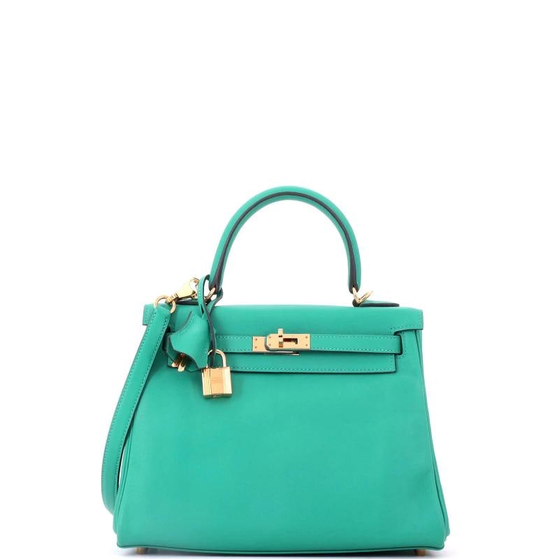 Hermes Kelly Handbag Green Swift with Gold Hardware 25: Condition: Pre-owned - Excellent,Brand: Hermes,Exterior Material: Leather,Style: Top Handle,Exterior Color: Green,Department: Women,Size: 25,Accessories: Lock, Keys, Clochette, With Strap Condition: