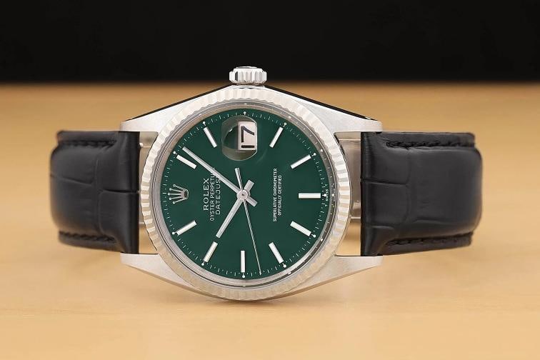 ROLEX DATEJUST 1601 GREEN DIAL 18K WHITE GOLD STEEL BLACK LEATHER BAND WATCH - 3