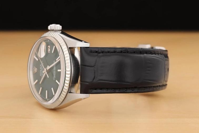 ROLEX DATEJUST 1601 GREEN DIAL 18K WHITE GOLD STEEL BLACK LEATHER BAND WATCH - 4