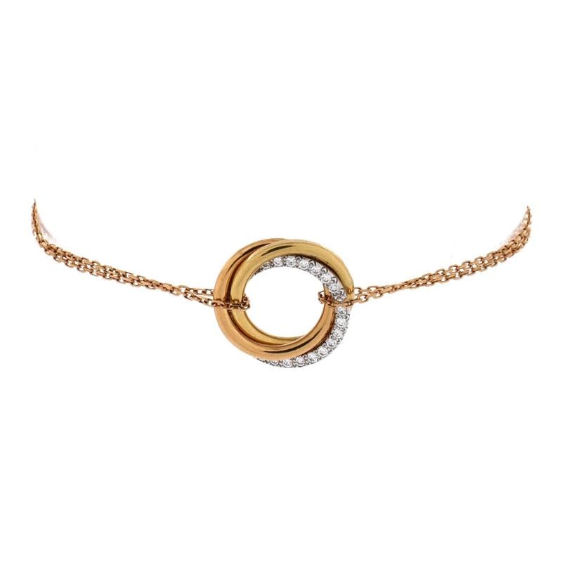 Cartier Trinity Chain Bracelet 18K Tricolor Gold and Diamonds: Condition: Pre-owned - Good,Brand: Cartier,Main Stone: Diamond,Metal: 18K Tri Colored Gold,Metal Purity: 18K,Style: Chain,Type: Bracelet,Color: Tricolor Gold,Material: 18K Rose Gold, 18K White Gold,