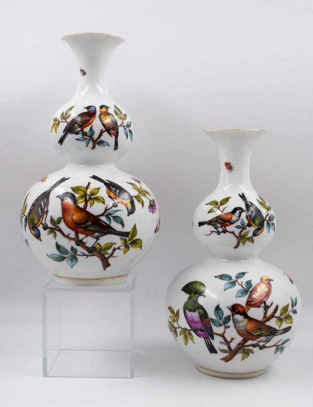 Pair of Dresden Helena Wolfson Hand Painted Bird Vases with A/R Mark: Measures 11" high by 6" wide.. Condition: Used,Brand: AR,Origin: Dresden,Type: Vase,Theme: Birds,Features: Hand Painted,Country of Origin: Germany