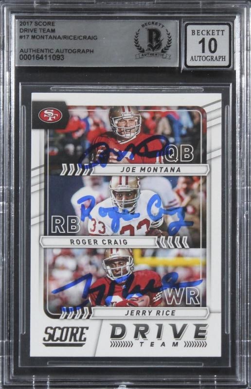 49ers Montana, Rice & Craig Signed 2017 Score DT #17 Card Auto 10! BAS Slabbed: Sport: Football,Product: Box, Box & Case Breaks, Case, Coin, etopps (In-hand), Lot, Pack,,Original/Reprint: Original,Player: Joe Montana, Jerry Rice & Roger Craig,Autograph Authentication: Beckett,Tea