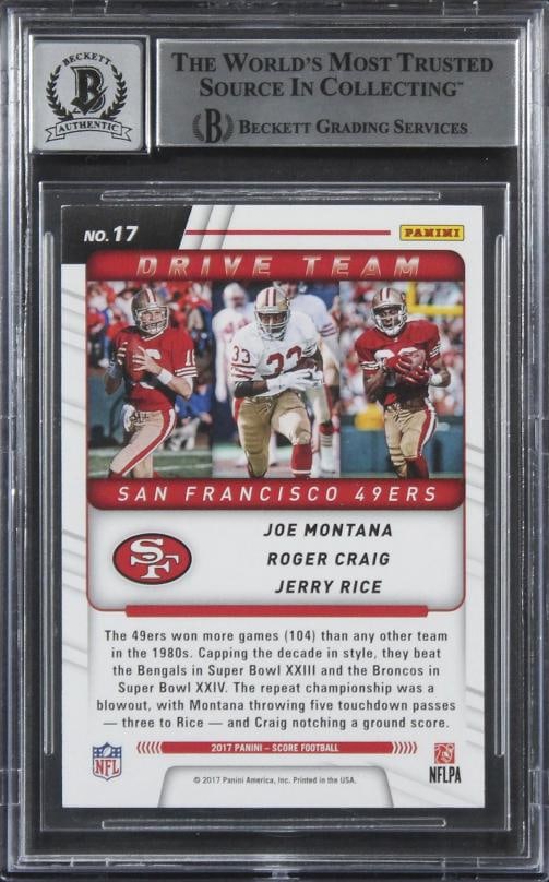 49ers Montana, Rice & Craig Signed 2017 Score DT #17 Card Auto 10! BAS Slabbed - 2