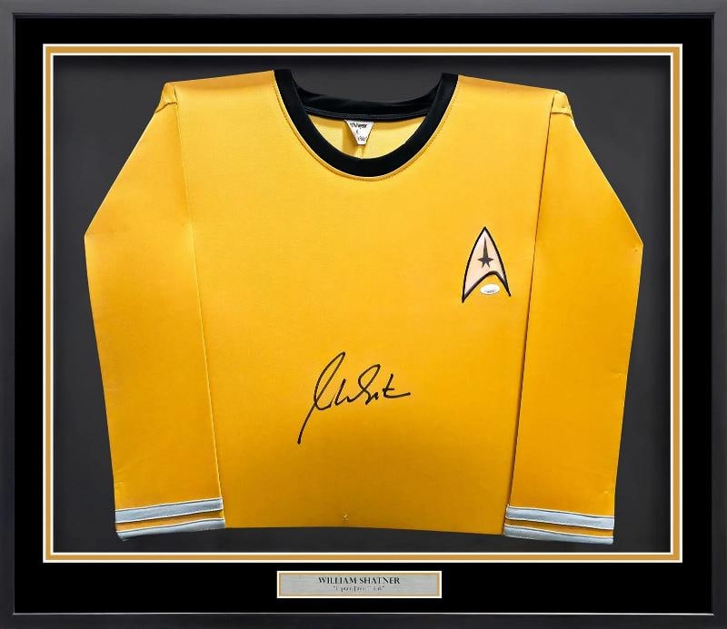 Star Trek William Shatner Signed Framed Gold Uniform Jersey JSA: Sport: Entertainment,Product: Jersey,Object Type: Jersey,Player: William Shatner,Player/Athlete: William Shatner,Autographed: Yes,Signed: Yes,Autograph Authentication: James Spence Authentication (JSA