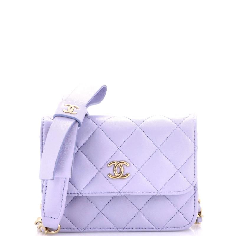 Chanel Bow Strap Card Holder on Chain Quilted Lambskin: Accessories: Authenticity Card, Dust Bag Measurements: Height 3", Width 4.5", Depth 1", Strap Drop 22" . Condition: Pre-owned - Excellent,Brand: Chanel,Exterior Material: Leather,Style: