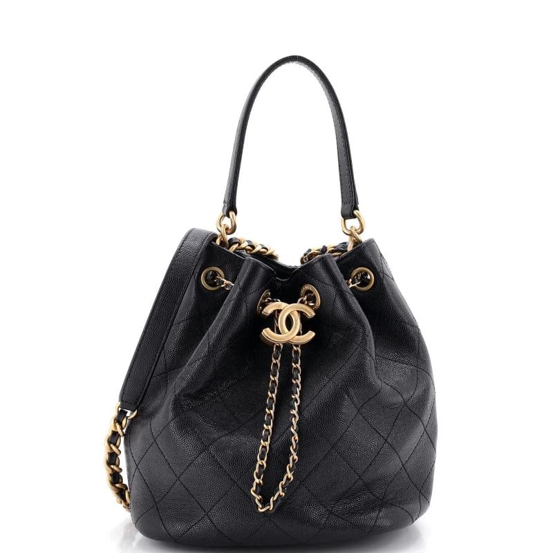 Chanel Fashion Therapy Drawstring Bucket Bag Quilted Caviar Small: Condition: Pre-owned - Excellent,Brand: Chanel,Exterior Material: Leather,Style: Bucket,Exterior Color: Black,Department: Women,Size: Small Condition: Great. Exterior: minor edge wear, minor creases, 