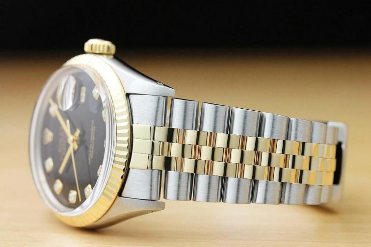 ROLEX MENS DATEJUST 16013 BLACK DIAMOND 18K YELLOW GOLD STEEL QUICKSET WATCH - 4