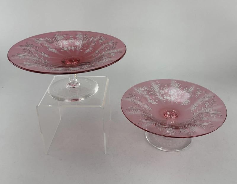 Rare Pair c1915 Carder Steuben Red Cut Clear Low Tazzas Compotes Pedestal Bowls: Condition: Used: An item that has been used previously. The item may have some signs of cosmetic wear, but is fully operational and functions as intended. This item may be a floor model or store