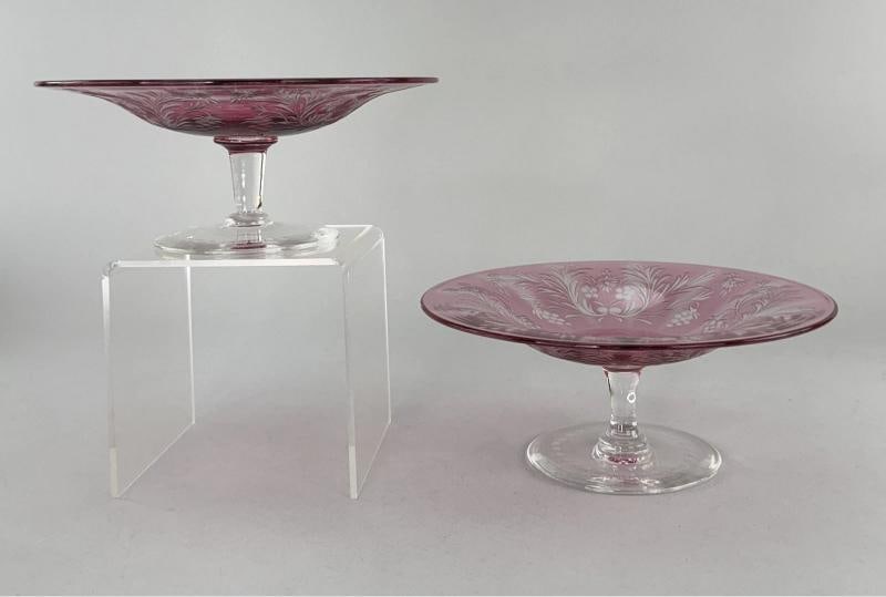 Rare Pair c1915 Carder Steuben Red Cut Clear Low Tazzas Compotes Pedestal Bowls - 2