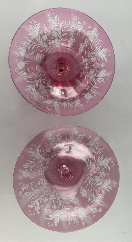 Rare Pair c1915 Carder Steuben Red Cut Clear Low Tazzas Compotes Pedestal Bowls - 3