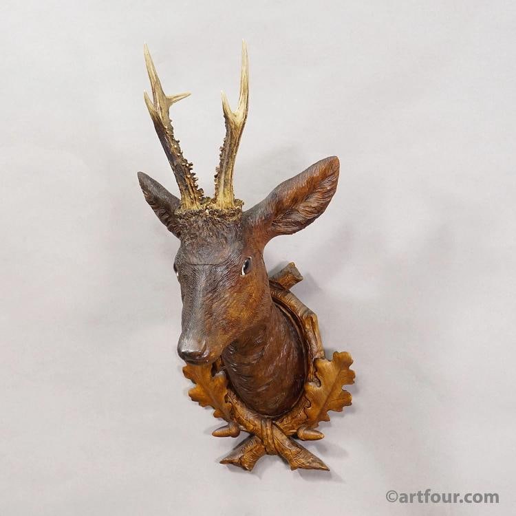 Large Naturalistic Black Forest Carved Deer Trophy, ca. 1920s - 2
