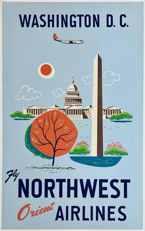Original Vintage Poster WASHINGTON DC NORTHWEST AIRLINES Airline Travel LINEN: Dimensions: 25 x 40.2 in. / 63.5 x 102 cm.; Circa: 1950s Original vintage "WASHINGTON DC - FLY NORTHWEST ORIENT AIRLINES airline travel poster, illustrated by an anonymous artist, and printed circa