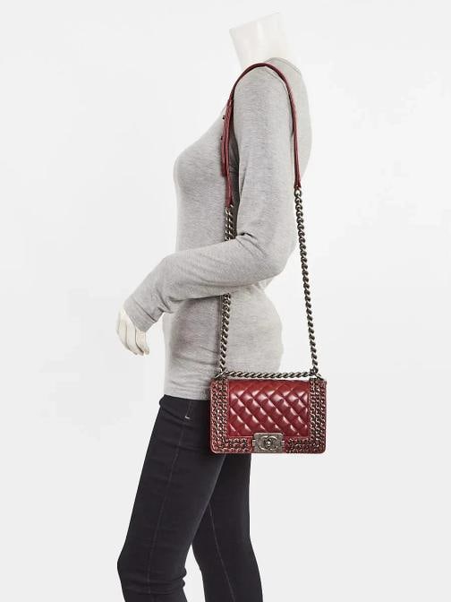 Chanel Red Quilted Calfskin Leather Chain Small Boy Bag - 2